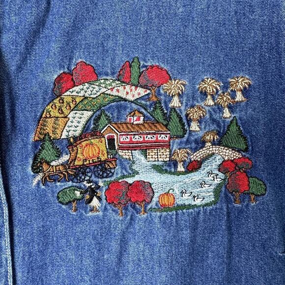 Cabin Creek Autumn Fall Harvest Pumpkin Embroidered Denim Button Up Shirt Sz PL - Picture 6 of 10
